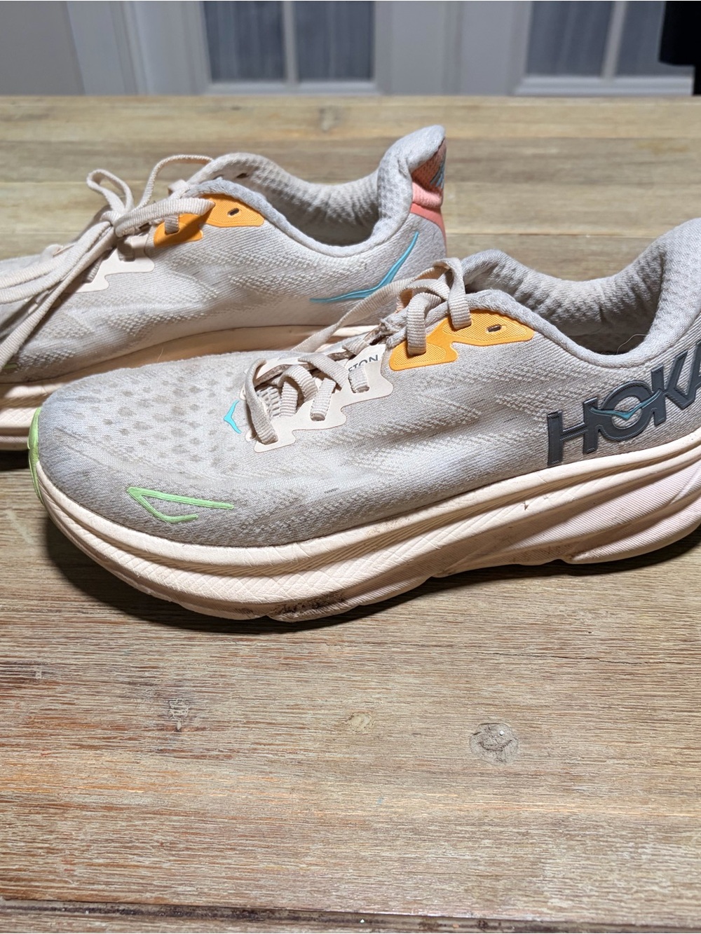 Hoka Women's Beige Athletic Shoes with Teal, Green & Coral Accents